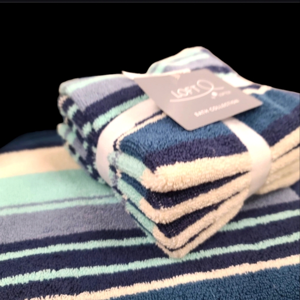 8pc Loft Turquoise Cream Blue Striped Cotton Bath Hand Washcloth Towel Set New - Picture 4 of 10